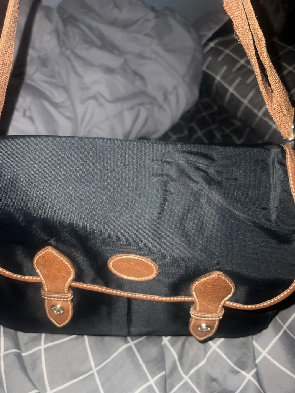 Longchamp Black Messenger Bag with Tan Trim